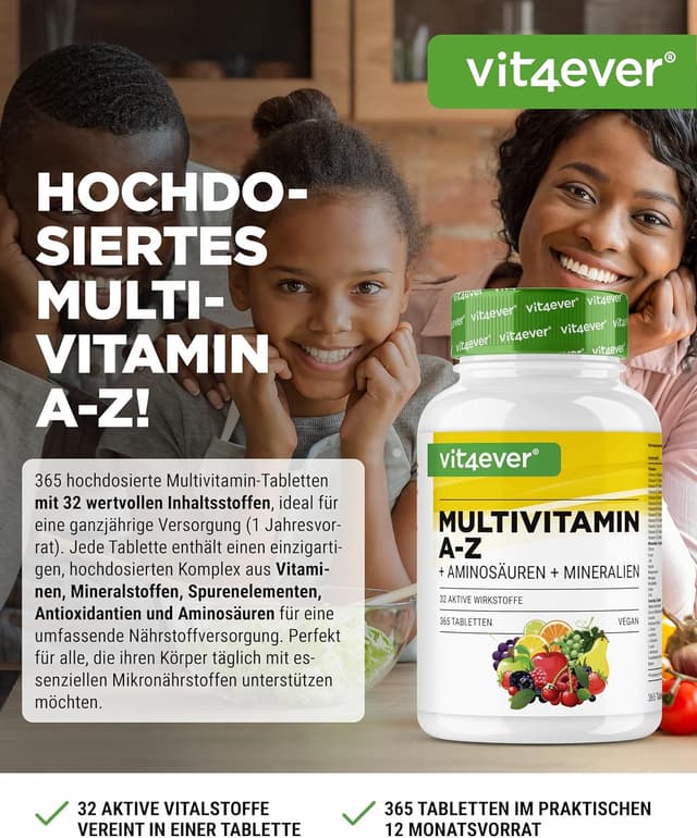 Detalle 2 de Multivitamin A-Z - 365 Tabletten (12 Monate) - 32 aktive Inhaltsstoffe - Kombination aus Mineralien + Aminosäuren + Spurenelementen + Pflanzenextrakten - Vegan - Hochdosiert
Multivitamin A-Z - 365 Tabletten (12 Monate) - 3…