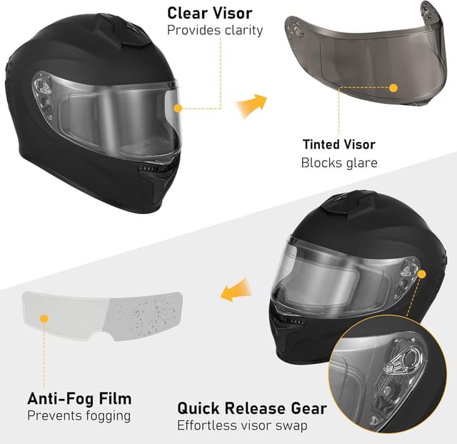 Detalle de Favoto Full Face Motorcycle Helmet with 2 Visors and Anti-Fog Film (DOT Approved), Matte Black, Size Large