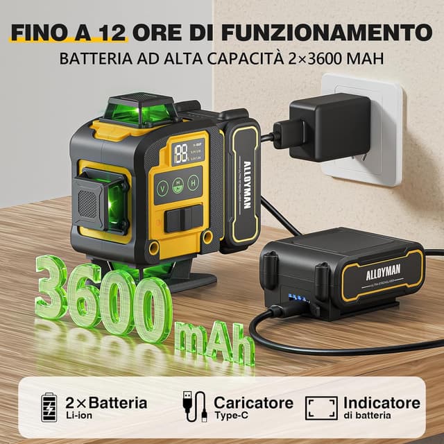 Thumbnail 6 de Alloyman Livella Laser Autolivellante 16 linee con treppiede, 4D verde (IP54) per lavori interni e fai da te