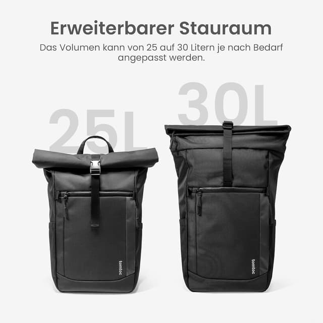 Detalle de tomtoc Rolltop Rucksack für Herren & Damen (25–30 L) mit 17,3-Zoll-Laptopfach – wasserdicht, Schwarz