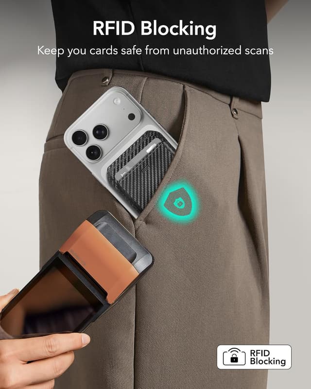 Detalle de ESR portafoglio per MagSafe con blocco RFID, supporto regolabile e spazio per 5 carte (fibra di carbonio nera)