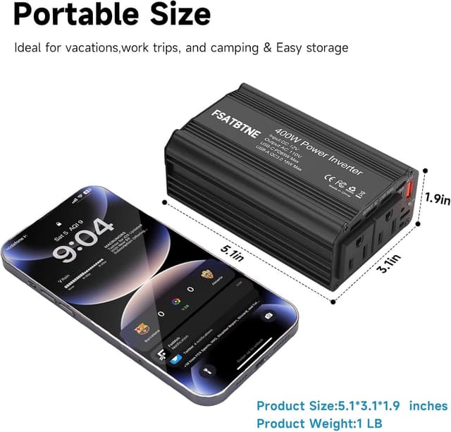 Detalle 2 de FSATBTNE 400W Power Inverter (DC 12V to 110V AC) with 65W USB-C, 18W USB-A, and 2 AC Outlets