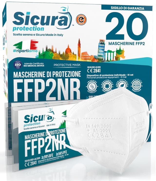 Detalle de 20 Mascherine FFP2 Certificate BIANCHE SICURA (BFE ≥99%) in TNT bianco, sigillate e conformi EN 149:2001+A1:2009