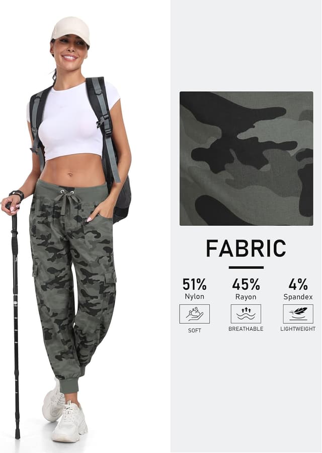 Detalle de JINSHI Damen-Cargohose „Lange Capri“ High Waist mit Kordelzug – atmungsaktiv, leicht und mit Cargo-Taschen