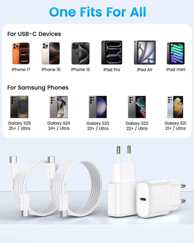 Detalle 2 de 2Pack chargeur rapide USB‑C 20W avec câble 2 m pour iPhone 17/16/15 Pro et iPad Pro/Air/Mini