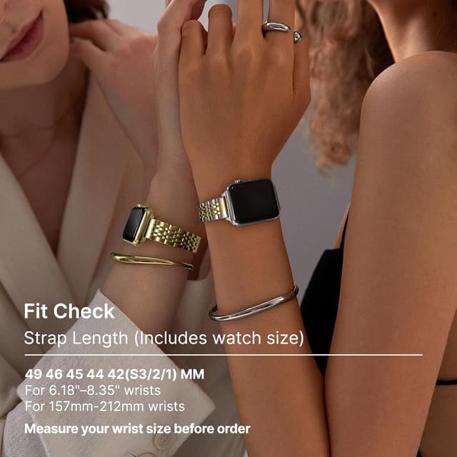 Detalle 2 de Fullmosa Slim Metal Straps for Apple Watch (46mm–49mm), 7‑link stainless steel bands for women, Silver & Gold
