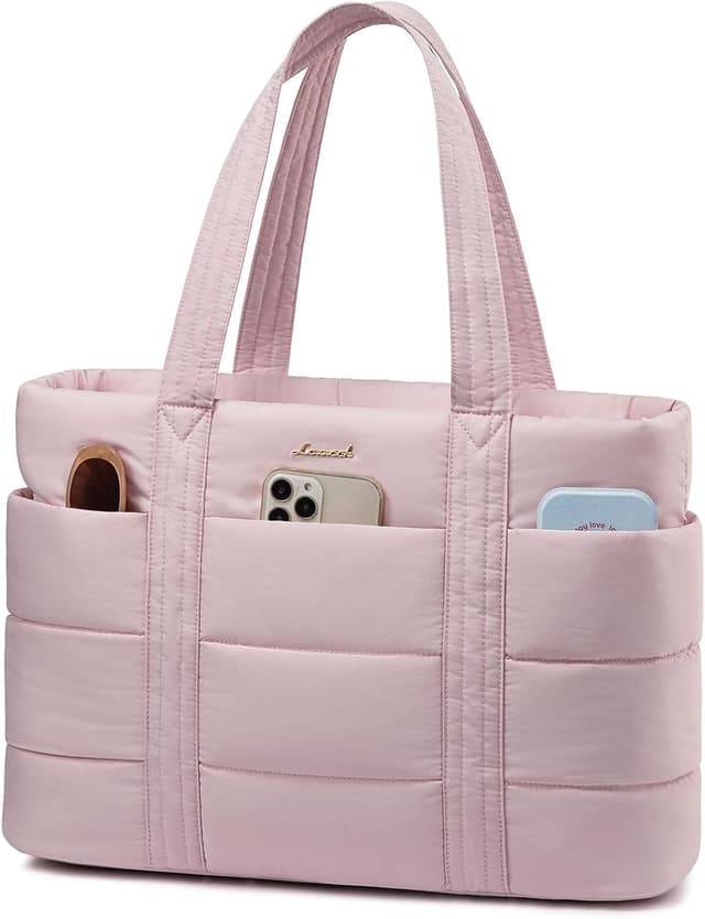 Detalle de LOVEVOOK lightweight quilted puffer tote bag with zip, laptop pocket and 13 compartments