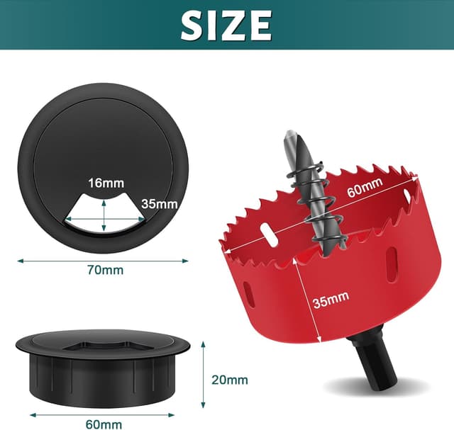 Detalle de Yeepeo 10er Set Kabeldurchführung für Schreibtisch, 60 mm Kabeldurchlass (mit 60-mm Lochsäge) in Schwarz