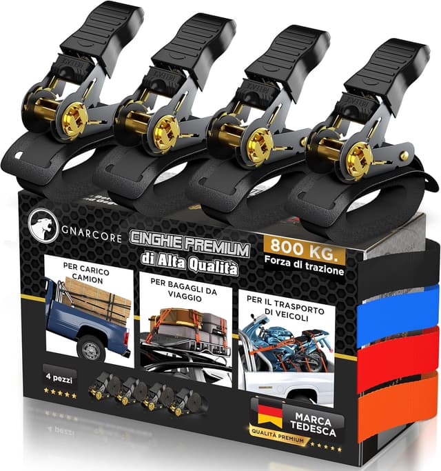 Detalle de Cinghie di fissaggio a cricchetto Premium (set da 4) DIN EN 12195-2, con borse