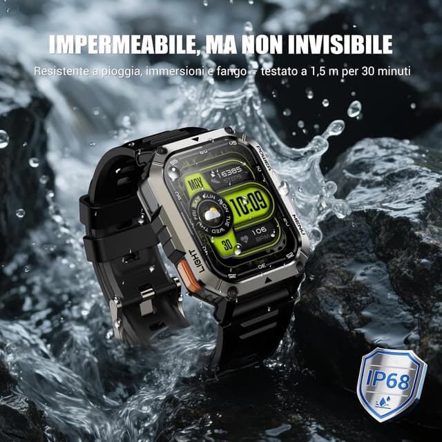 Detalle 2 de IOWODO Smartwatch Uomo Militare 2.01” IP68 con Bluetooth, torcia LED e 123 modalità sportive