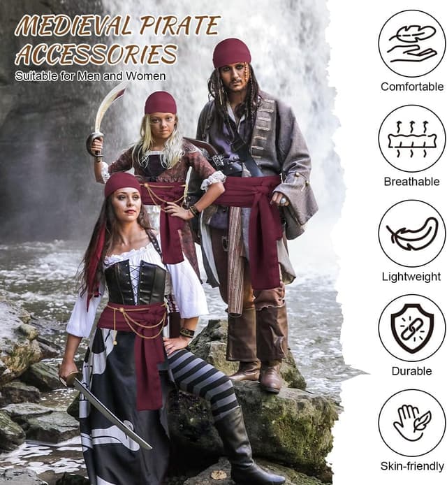 Detalle de Alaoo Kit Accessori Pirata da Capitano: bandana e cintura regolabili per costume