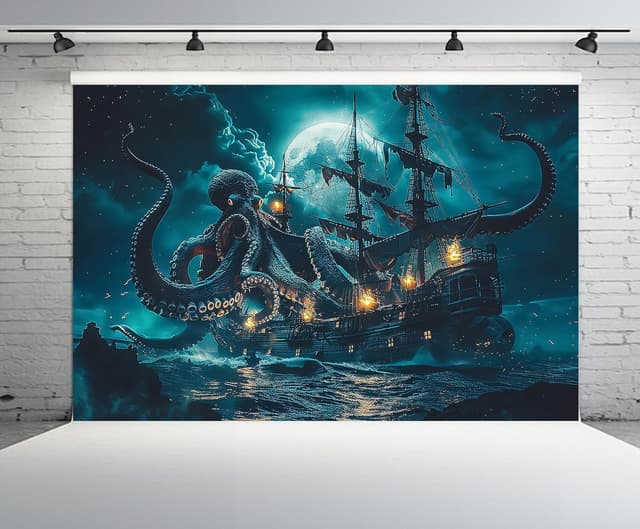 Detalle de 2.1m x 1.5m Halloween Pirate Ship Backdrop with Creepy Octopus (Nautical Horror Theme)