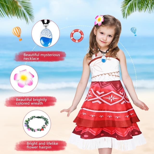 Detalle 2 de AUYAO Kinder Prinzessin Mädchen Kostüm-Set (4-teilig) im Vaiana-/Sommerkleid-Look inkl. Blumenkranz & Zubehör