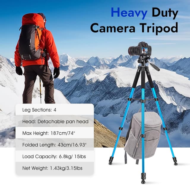 Thumbnail 6 de JOILCAN Kamerastativ (187 cm) mit abnehmbarem 3-Wege-Schwenkkopf und Handyhalterung – Aluminium-Dreibeinstativ