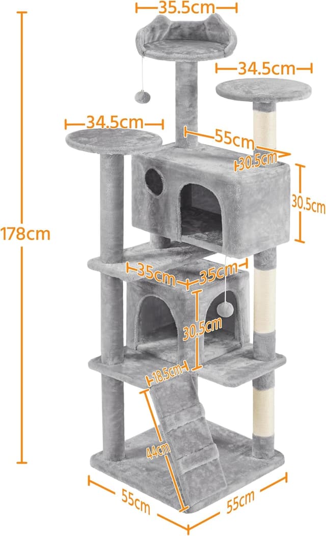 Detalle de Yaheetech Large Cat Tree (178cm) with 2 Condos, Perched Platform and Scratching Posts – Light Grey
