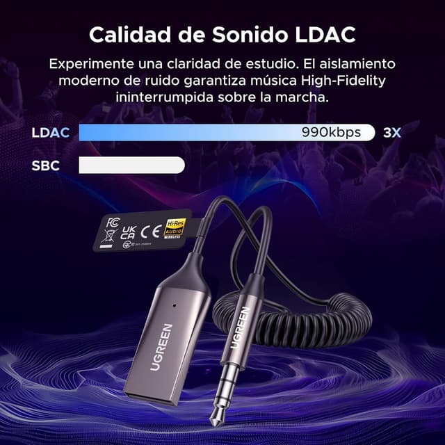 Detalle de UGREEN Receptor Bluetooth 6.0 para coche 10 m