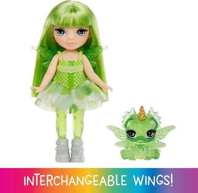 Detalle de Rainbow High Littles Emerald (grün) – 14 cm bewegliche Feenpuppe mit Fantasie-Drachen & wechselbaren Flügeln