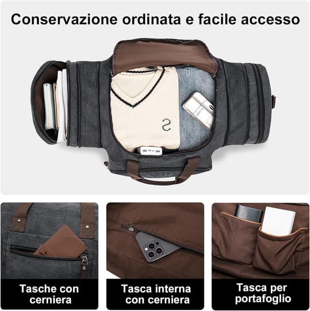 Detalle de EKOROMIER Borsa da viaggio 55L in tela espandibile (55 x 27 x 30 cm) – borsone weekend uomo con bagaglio a mano