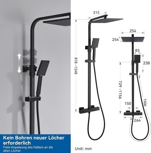 Detalle 2 de Auralum Regendusche Komplettset mit Thermostat – schwarz, 25×25 cm Quadratrose, höhenverstellbare Edelstahl-Duschstange (Messingarmatur)