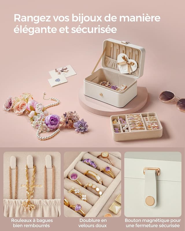 Thumbnail 6 de SONGMICS Boîte à Bijoux de Voyage GISELLA, écrin portable à 2 niveaux (11 x 16 x 8 cm) – Blanc Nuage