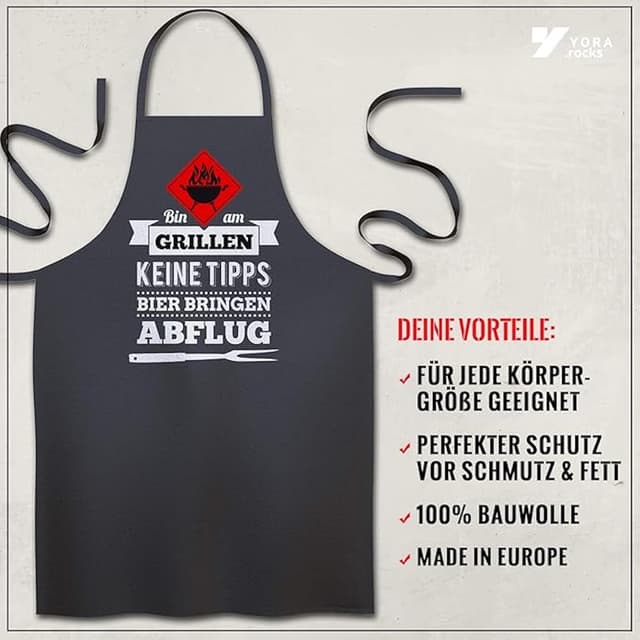 Detalle de YORA Grillschürze für Männer „Bin am Grillen“ – Vatertagsgeschenk inkl. personalisierbarer Urkunde