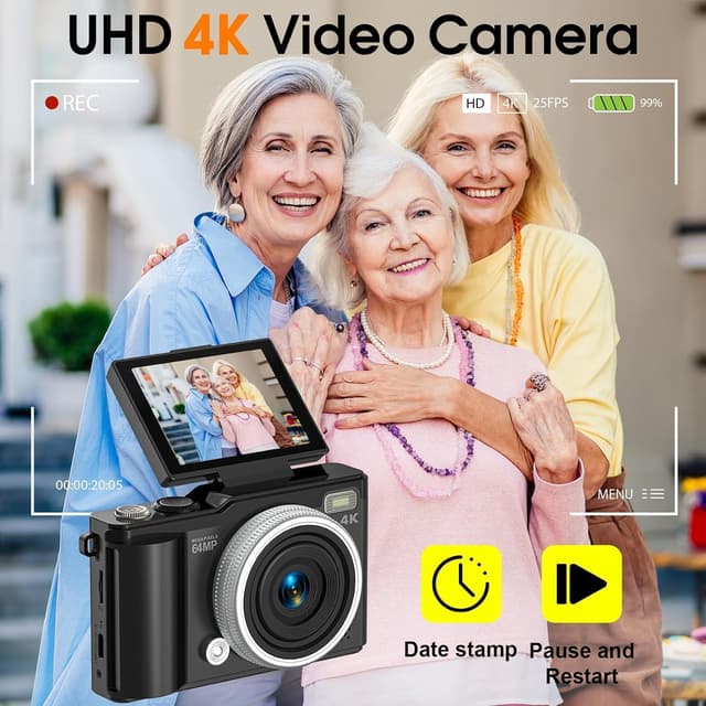 Detalle 2 de Compact Digital Camera (4K 64MP) with Autofocus, Macro Mode & 180° Flip-Up Screen – Portable 32GB Micro SD Kit