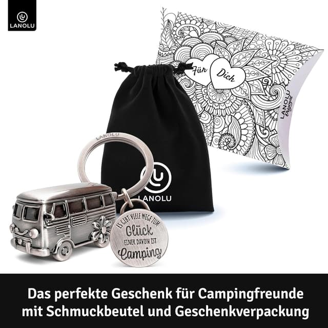 Detalle de LANOLU Schlüsselanhänger „Camping Glück“ – 3D Wohnwagen-/Wohnmobil-Anhänger aus Metall als Camper-Geschenk