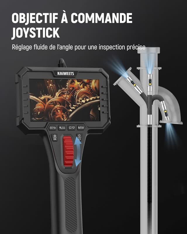 Detalle 2 de KAIWEETS caméra endoscopique articulée double objectif 210° avec éclairage et écran IPS 1080P