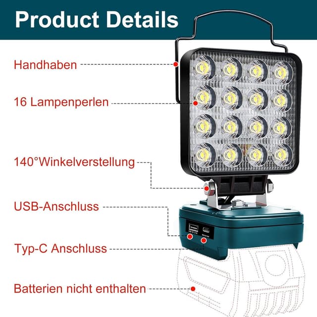 Detalle 2 de Akku Arbeitsleuchte für Bosch 18V 48 W