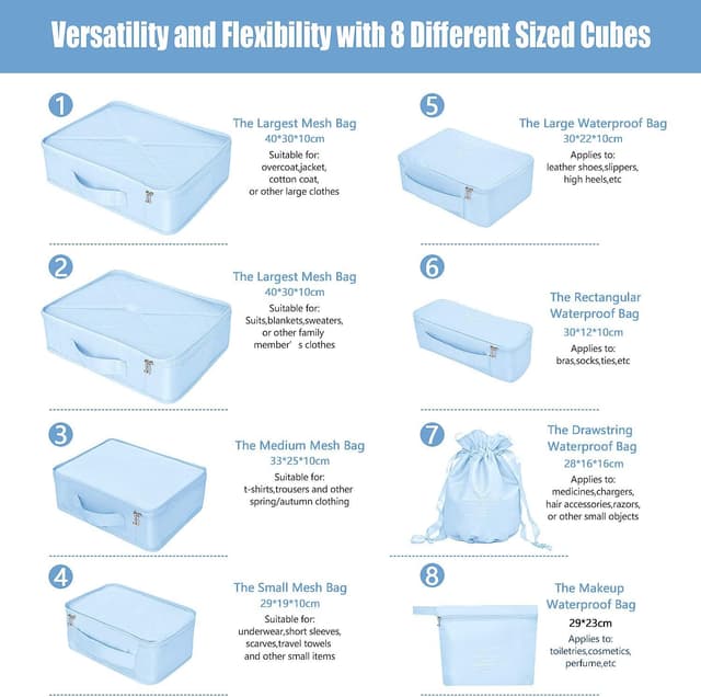 Detalle de Koffer Organizer Reise Kleidertaschen Set (8 Sets/7 Farben) mit Schuh-Aufbewahrungsbeuteln – Hellblau