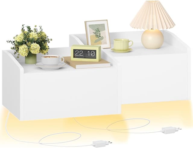 Detalle de Hzuaneri NS52203XEU – Lot de 2 tables de chevet suspendues avec LED, 1 tiroir, 30 x 40 x 22,5 cm (blanc)