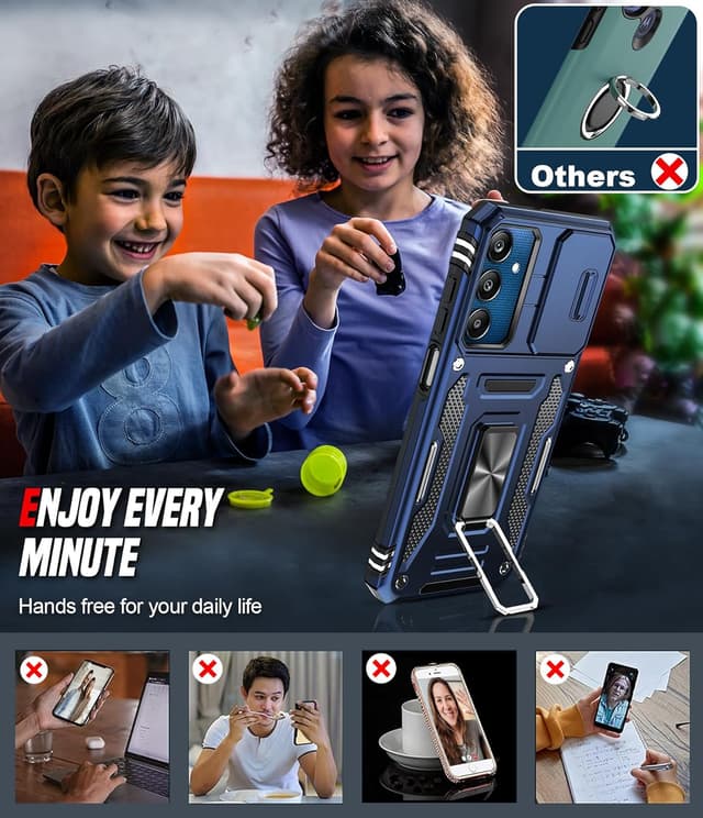 Thumbnail 6 de LeYi Tough Defender case for Samsung Galaxy A25 5G with sliding camera lens cover and rotated ring stand (navy blue) + 2 screen protectors