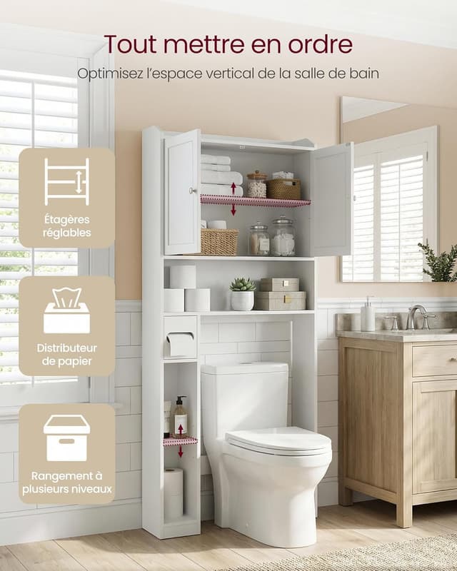Detalle de VASAGLE Meuble WC BTS018W01V1 (20 x 79,1 x 170 cm) – armoire de rangement pour salle de bain, étagères ajustables