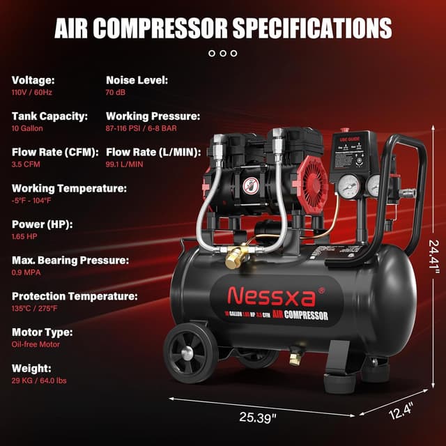 Detalle de 10 Gallon Ultra Quiet Oil-Free Air Compressor (1.65HP, 3.5 CFM @ 115 PSI, 70dB) with Two Quick Couplers