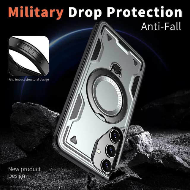 Detalle de Tuvror Hülle für Galaxy S24 & S25 mit 360° Drehständer, stoßfester Schutz und MagSafe-Kompatibilität (Grau)