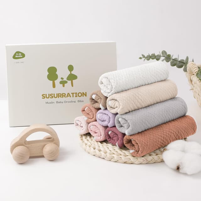 Detalle 2 de Susurration 10er Pack Baby-Dreieckstücher aus Musselin mit verstellbaren Druckknöpfen – Sabberlätzchen für Jungen & Mädchen