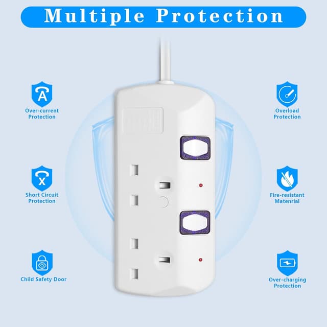 Detalle de 2-Gang UK Plug Extension Lead with Individual Switches 📟
