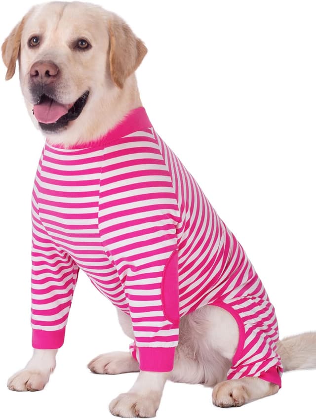 Detalle de BT Bear Large Dog Clothes Dog Pajamas Jumpsuit (Cotton Striped, Zip-up) – Hot Pink, Medium/Large Fit