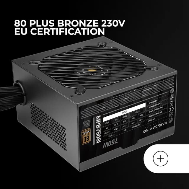 Detalle de Mars Gaming MPB750SI alimentatore ATX 750W 80 Plus Bronze 230V con ventola “SI” ultra-silenziosa e 7 anni di garanzia