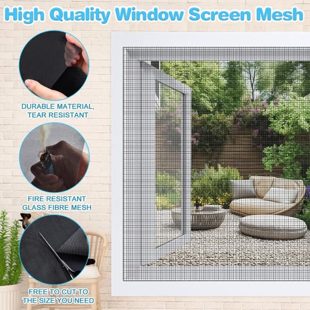 Detalle de BUZIFU Fliegengitter Meterware aus Fiberglas, 90 x 500 cm mit Fensterputzbürste – UV-beständig für Fenster & Türen (Schwarz)