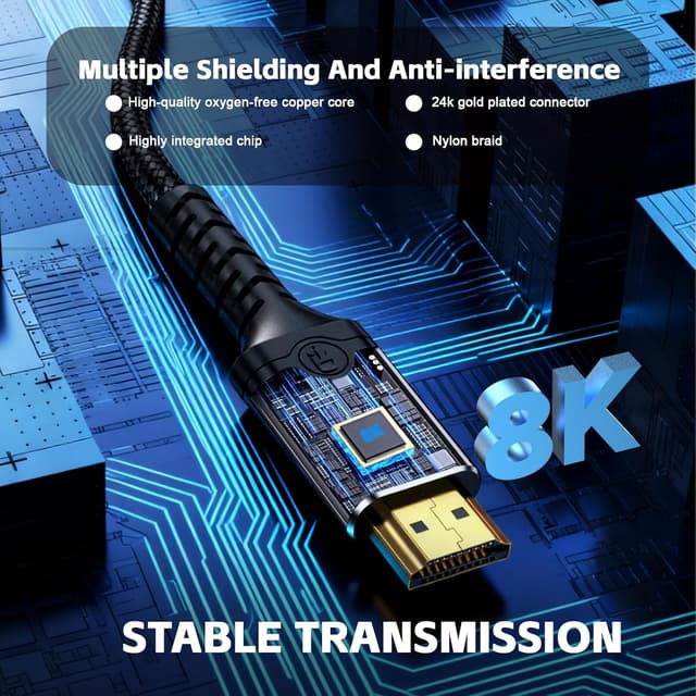 Detalle 2 de Herfair 8K HDMI Cable (HDMI 2.1, 48Gbps) – 1m Ultra High Speed Gold-Plated for eARC, HDR10 and 4K@120Hz