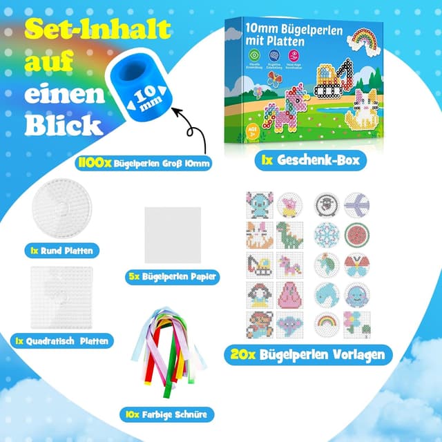 Detalle 2 de Bügelperlen Set Groß 10 mm – Komplettset mit 2 Bügelplatten & Vorlagen für Kinder ab 3 Jahren