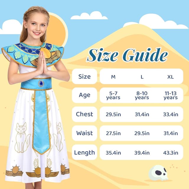 Detalle 2 de WIKITOT Egyptian Costumes for Girls (Aged 5–13) – Full Egyptian dress-up set for World Book Day & Halloween