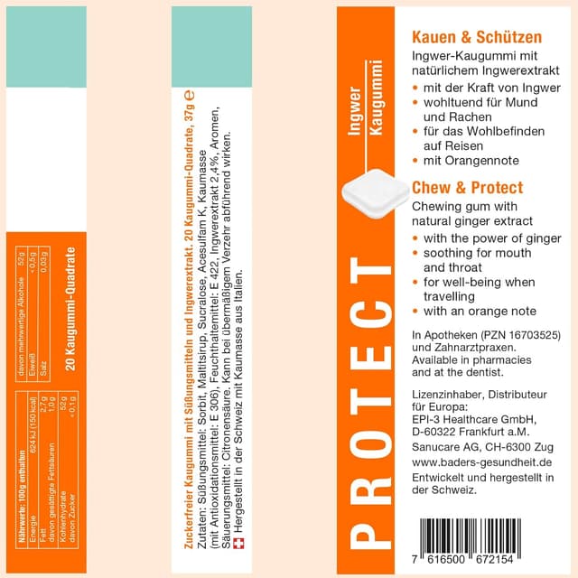 Detalle de BADERs PROTECT Kaugummi aus der Apotheke – 4 Sorten Zahnpflege-Kaugummi (vegan)