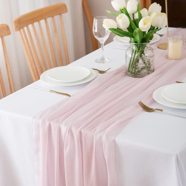 Detalle de CHUQING Chiffon-Tischläufer 70 x 300 cm in Rosa für Hochzeit, Events & Dinner
