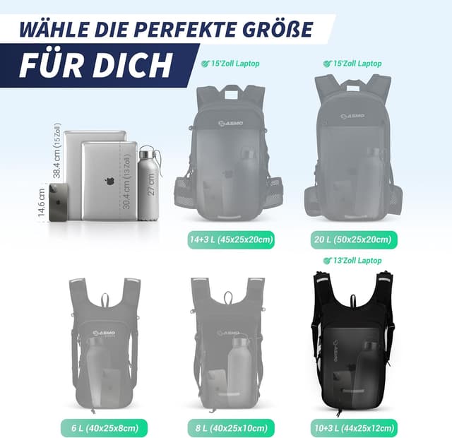 Detalle de SASMO Sports Fahrradrucksack 10l + 3l mit Trinkblase, Thermofach und Helmnetz