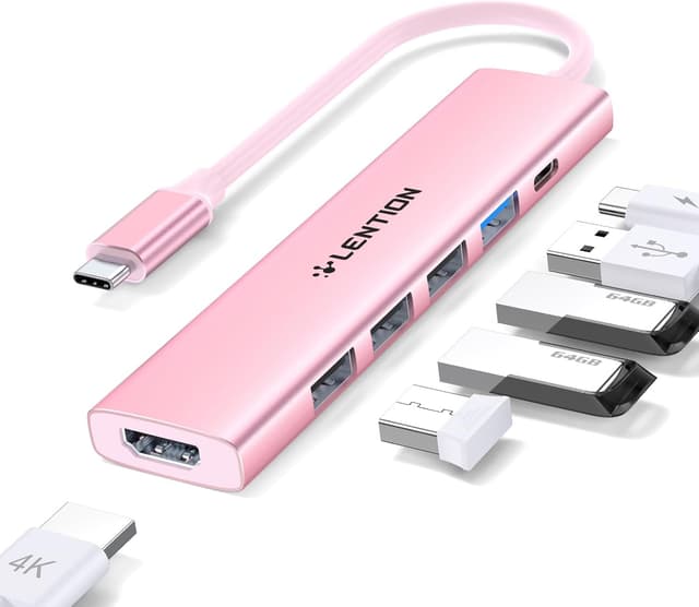 Detalle de LENTION USB-C Hub Multiport Adapter (100W PD, 4K HDMI, USB 3.0 + 3× USB 2.0) for MacBook, Chromebook & iPhone