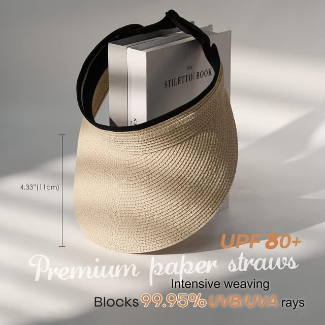 Detalle de FURTALK Women’s Sun Visor Hat (Straw) with UPF 80+ and Packable Ponytail Fit