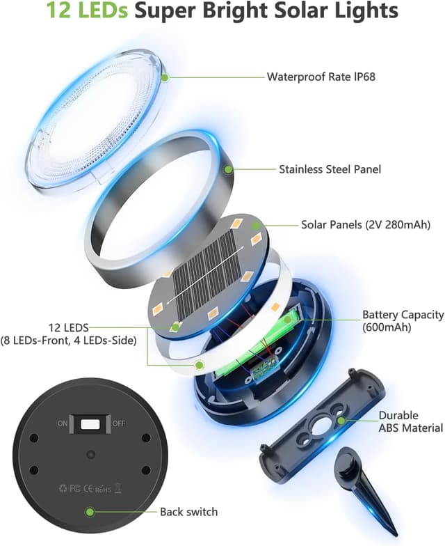 Thumbnail 6 de Bowfar 12er Set Solar-Bodenleuchten für außen mit 12 LEDs, IP65 (warmweiß)