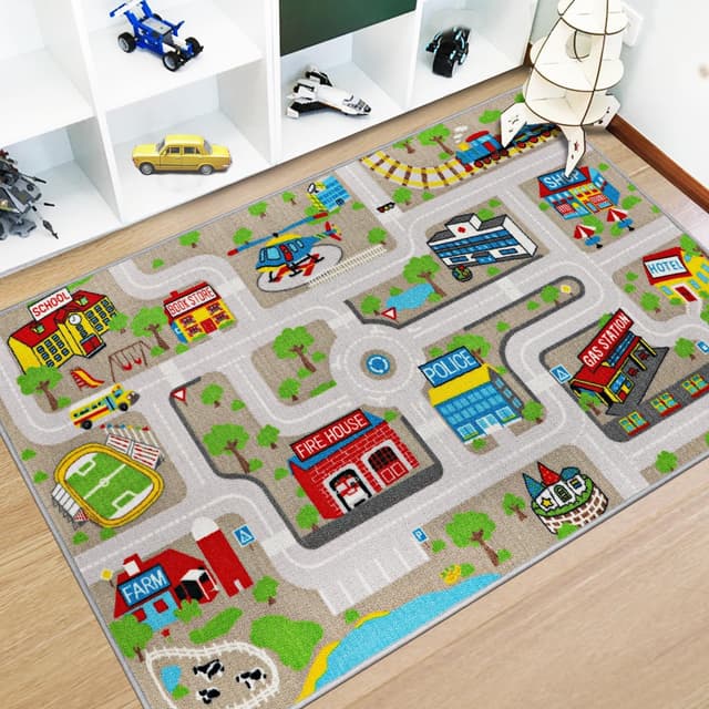 Detalle de Capslpad Kinder-Spielteppich „Stadtleben“ 100 x 160 cm – rutschfest, kurzflorig, maschinenwaschbar